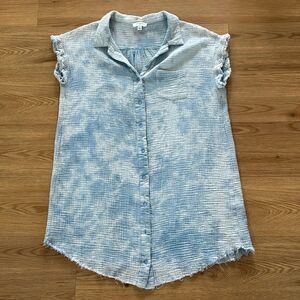 Umgee Womens Blue White Tie Dye Collar Cotton Tunic Cover Dress Small Boho Beach